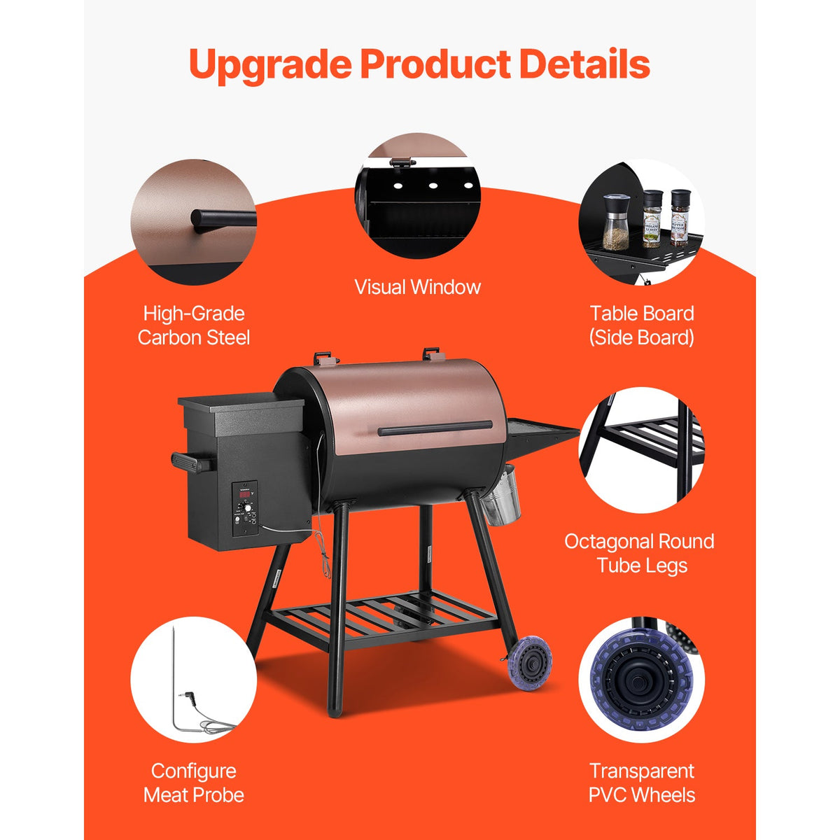Wood Pellet Grill Smoker Outdoor Electric BBQ Grills 456 Sq.in Cook Area