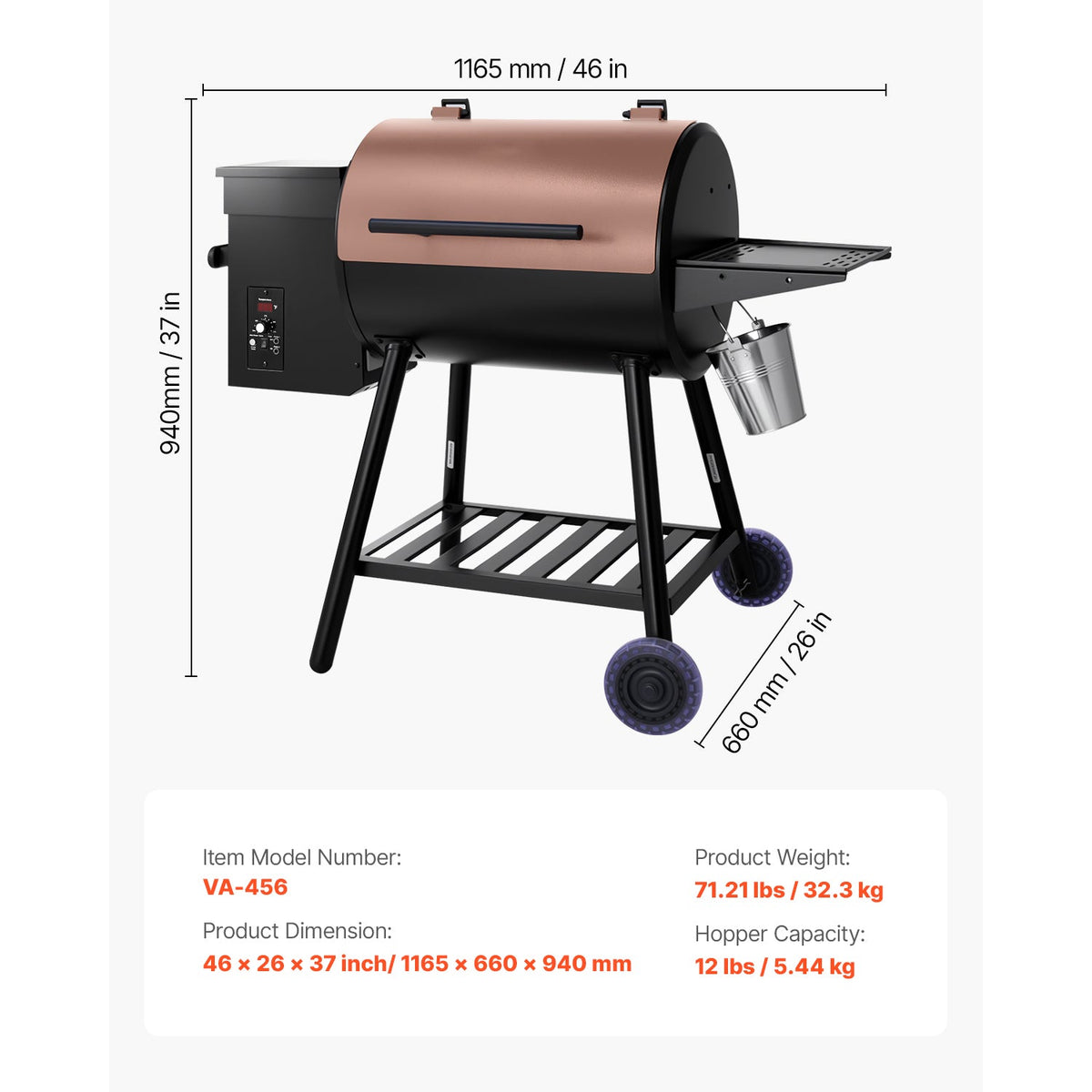 Wood Pellet Grill Smoker Outdoor Electric BBQ Grills 456 Sq.in Cook Area