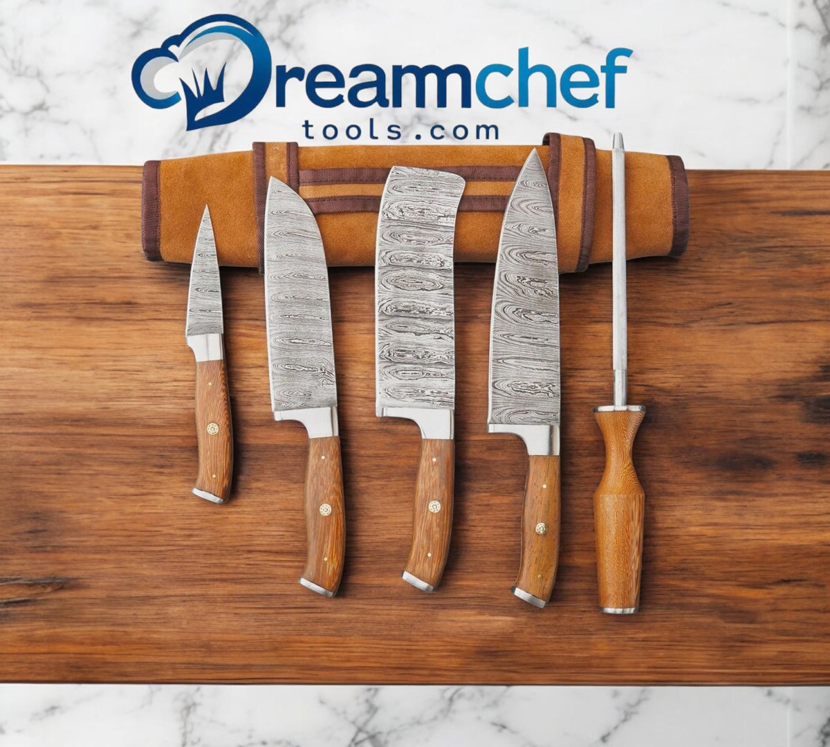 Damascus Chef Knife Set – 13" Handmade Professional Kitchen Knife with Rosewood Handle, Steel Bolster & Leather Sheath
