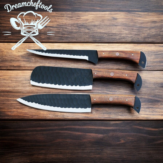 Best Knife Block Set – 13” Handmade J2 Steel Chef Knife with Rosewood Handle & Leather Sheath