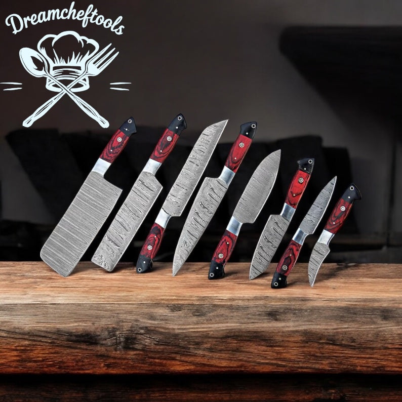 Kitchen Knives Sets – 13” Handmade Damascus Steel Chef Knife with Pakkawood Handle, Steel Bolster & Leather Sheath