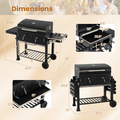 Charcoal Grill with Lifting Trays and Folding Side Tables