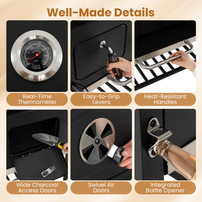 Charcoal Grill with Lifting Trays and Folding Side Tables