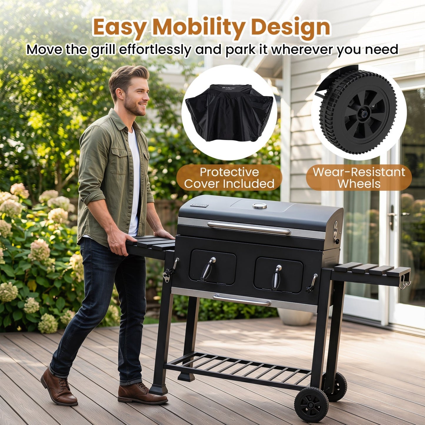 Charcoal Grill with Lifting Trays and Folding Side Tables