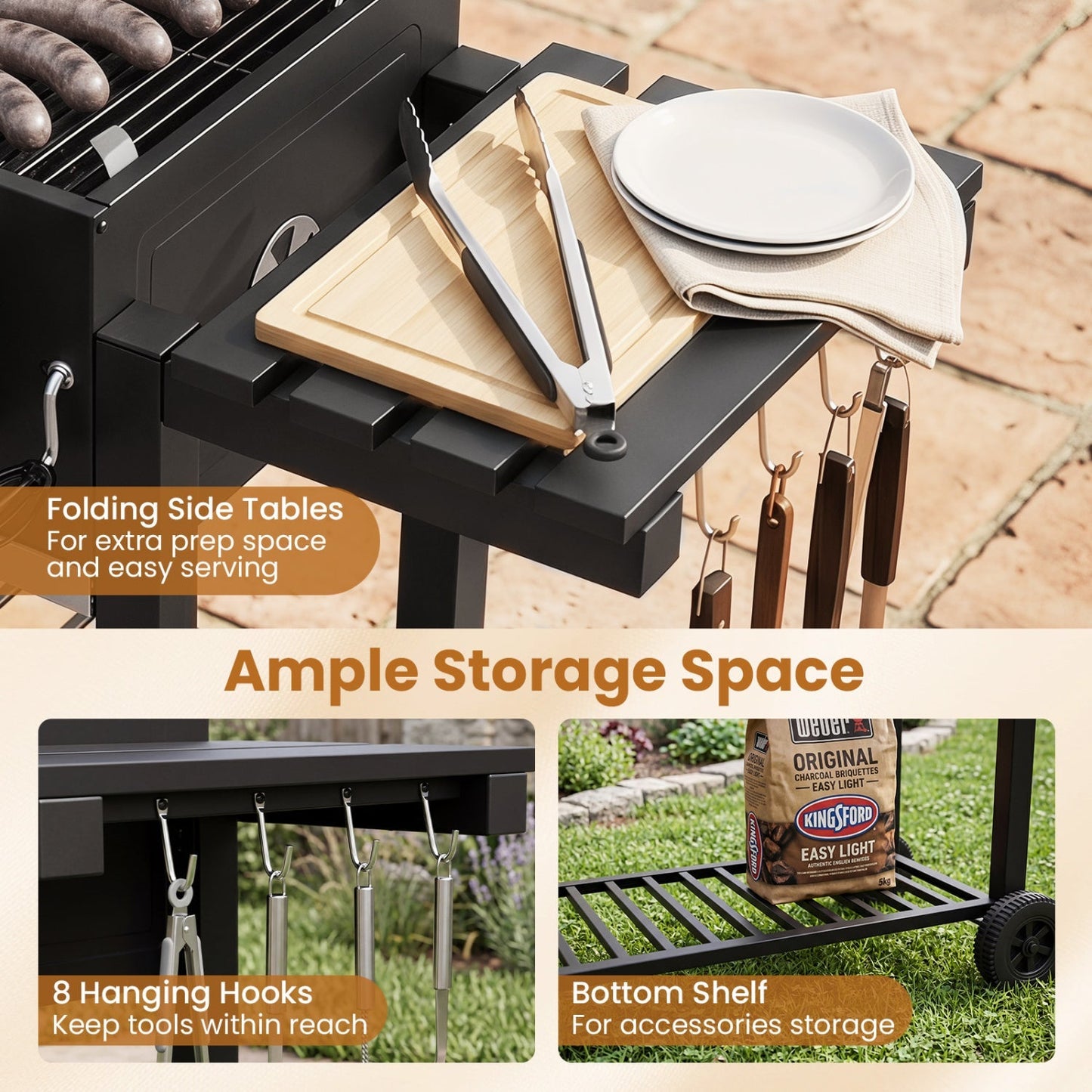 Charcoal Grill with Lifting Trays and Folding Side Tables