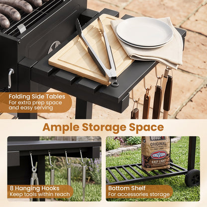 Charcoal Grill with Lifting Trays and Folding Side Tables