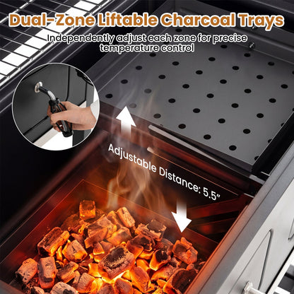 Charcoal Grill with Lifting Trays and Folding Side Tables