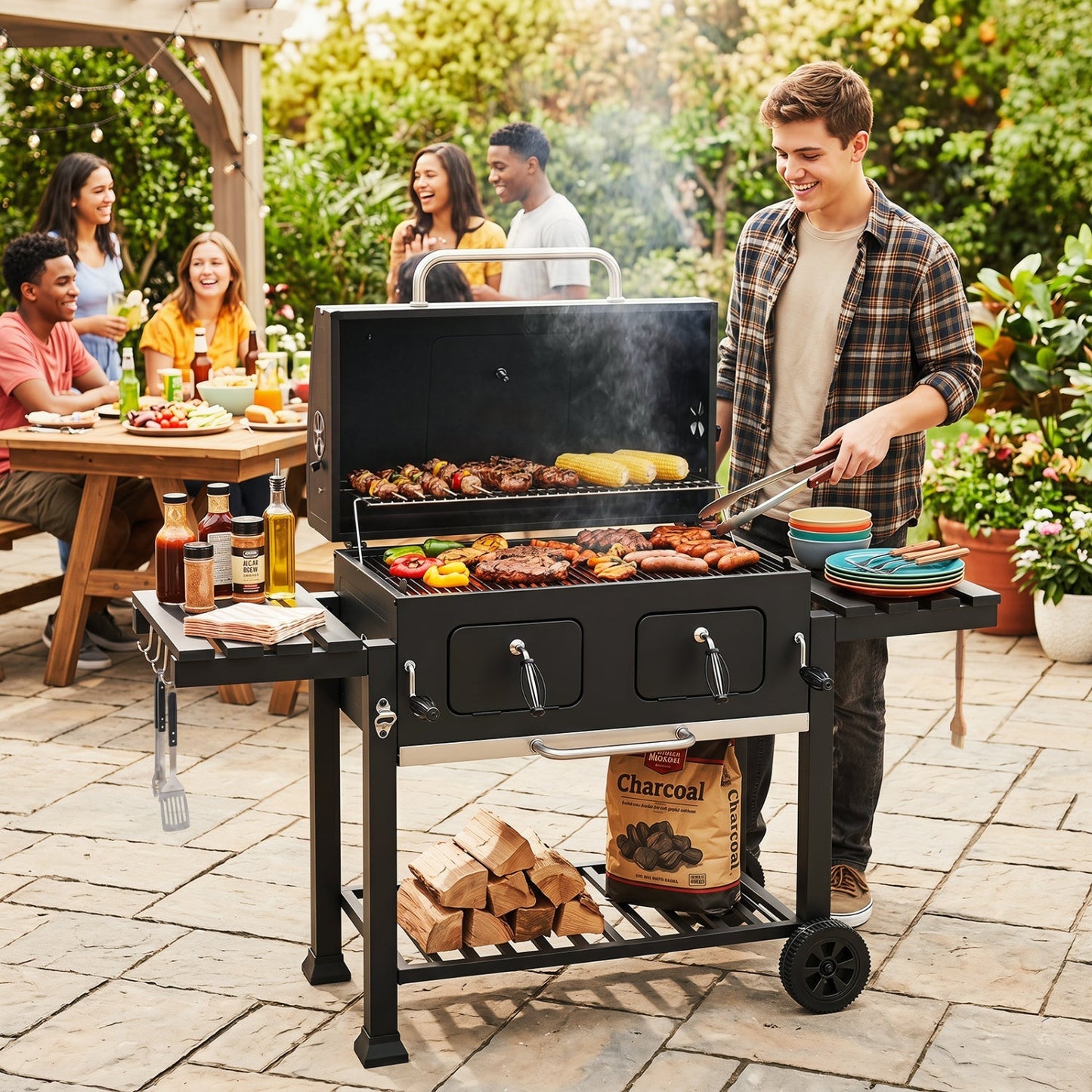 Charcoal Grill with Lifting Trays and Folding Side Tables
