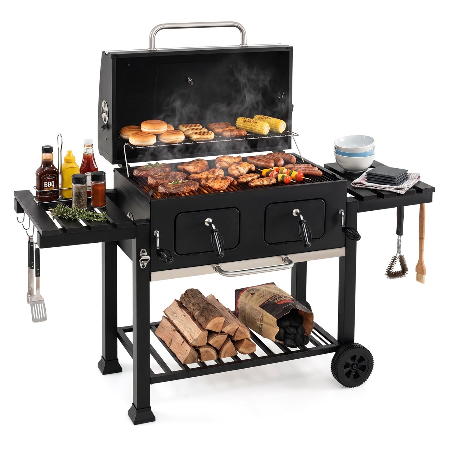Charcoal Grill with Lifting Trays and Folding Side Tables