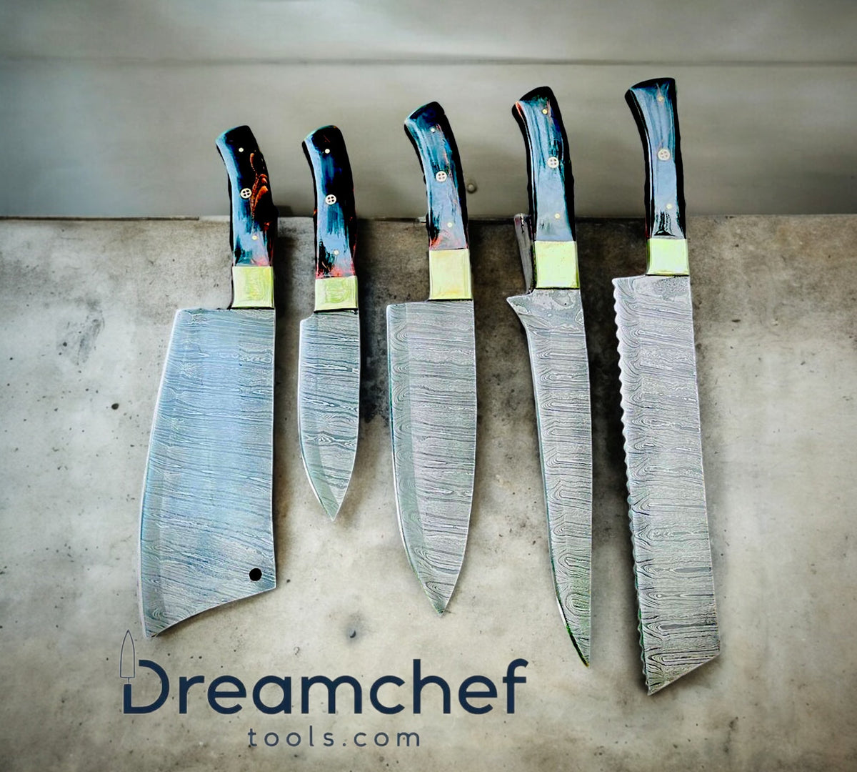 Kitchen Set Knives – 13” Handmade Damascus Steel Chef Knife with Resin Handle, Brass Bolster & Leather Sheath