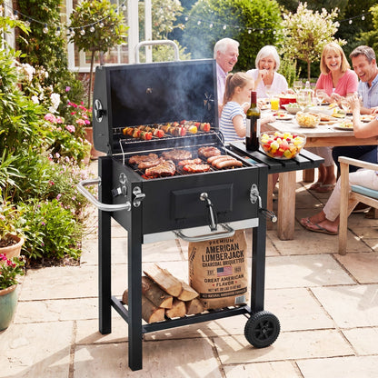 Charcoal Grill with Adjustable Tray and Wheels