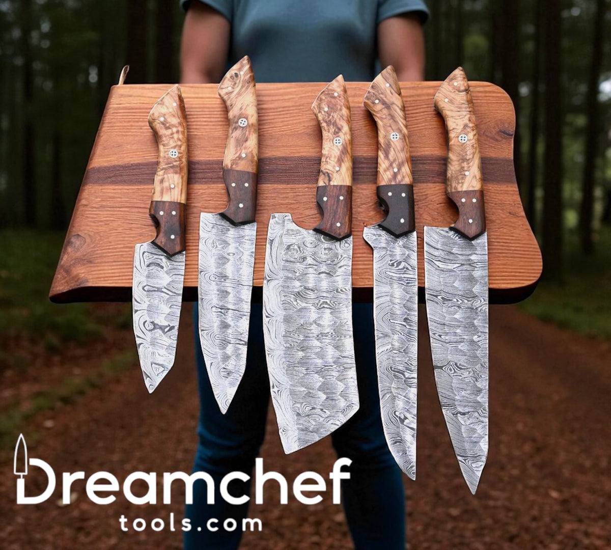 Damascus Cooking Knife Set – 13” Handmade Chef Knife with Olive & Rosewood Handle, Steel Bolster & Leather Sheath